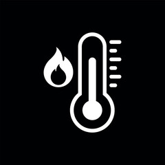 Vector Fire, High Temperature Icon Design on Black Background. Hot Weather White Flat Solid Sign Inversion for Web and Packaging Labels.	
