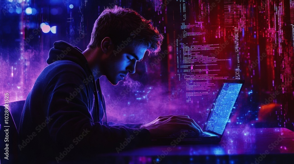 Poster Developer engaging in software development with Java script code on laptop screen, embracing IoT and digital technology