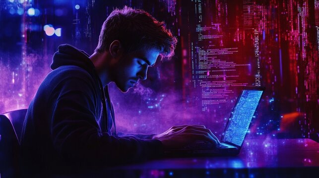 Developer engaging in software development with Java script code on laptop screen, embracing IoT and digital technology