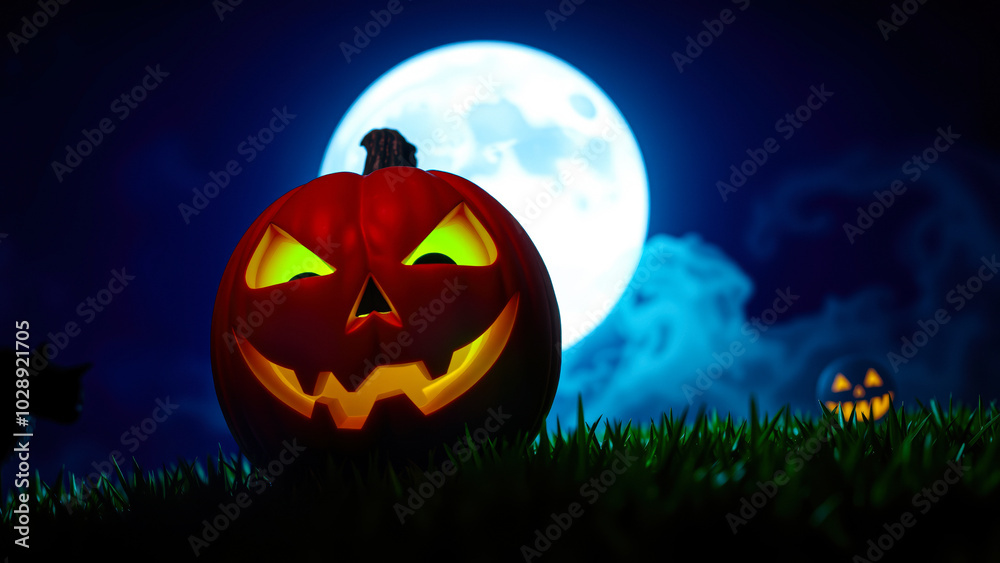 Sticker carved pumpkin glows under a full moon on a halloween night