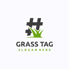 Obraz premium Grass tag logo design template. Hashtag sign concept with grassland. Creative vector symbol.