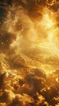 Celestial realm of seraphic beings amidst shimmering clouds and golden light, 4K hyperrealistic photo