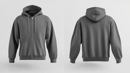 Gray zip-up hoodie mockup. Zipper hoodie. Front and back hoodie template