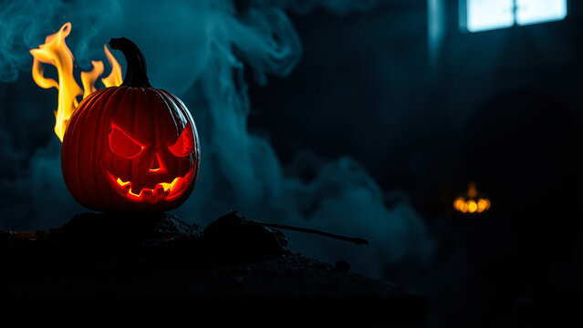 glowing carved pumpkin evokes eerie spookiness
