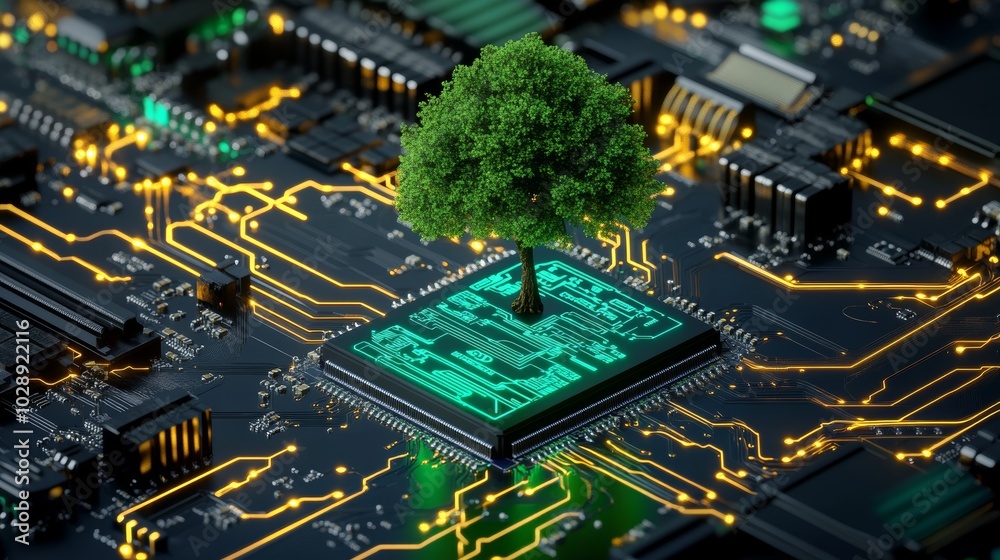 Poster a microcircuit board grows on a code background, surrounded by leaves and binary code, as trees grow with green technology.