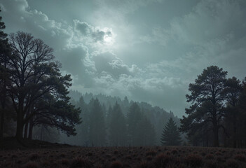 Fototapeta premium Thick fog creeps through a dark forest, dim moonlight filters through the branches of trees, shadows hide in the mist, creating a sinister and frightening atmosphere