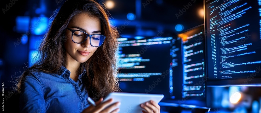 Aufkleber The integration of technology and human expertise in software development is presented by a young Asian woman programmer in front of an LCD screen with code projected