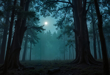 Fototapeta premium Thick fog creeps through a dark forest, dim moonlight filters through the branches of trees, shadows hide in the mist, creating a sinister and frightening atmosphere