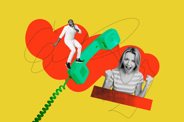 Composite trend artwork sketch image 3D collage of work hiring business hr candidate small man stand huge landline phone lady fist success