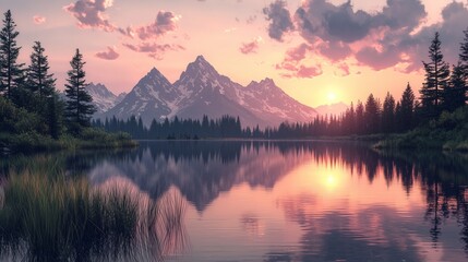 Serene Mountain Lake View at Sunset