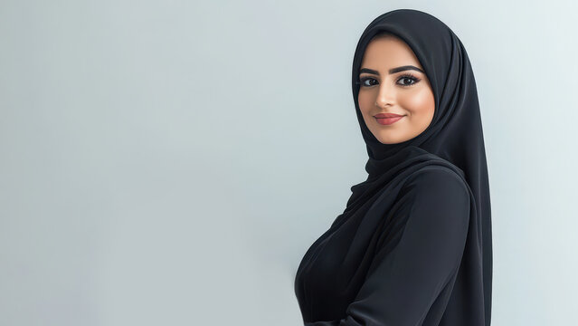 Arabian woman wearing a black abaya, copy space