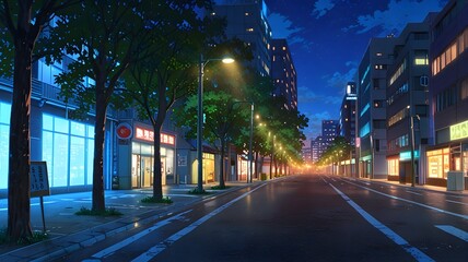 Street at night in winter with snow cartoon anime