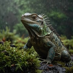 Fototapeta premium A green iguana lizard with a blue throat sits on a moss-covered log in a rainforest, looking up with rain falling around it.