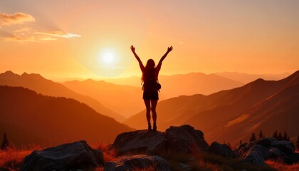 Happy woman-Achiever celebrating at sunset on a mountain peak with raised arms in a stunning landscape
