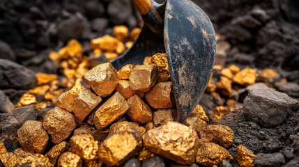 Shovel with gold nuggets on a pile of dark rocks in a mining area, showcasing raw unrefined gold extraction.