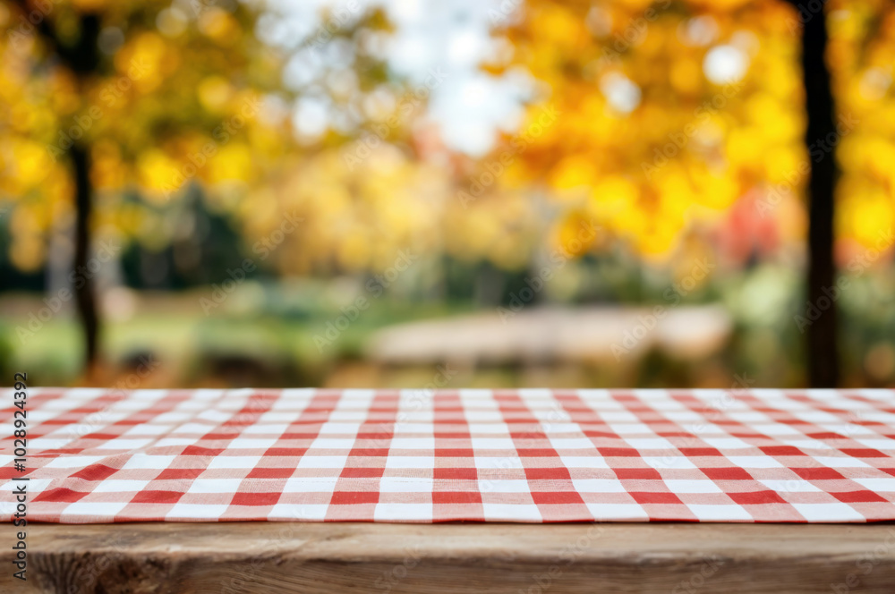 Poster red and white checkered tablecloth on a wooden picnic table with blurred autumn foliage in the backg