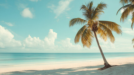 A solitary palm tree stands on a pristine sandy beach with turquoise water and blue sky.