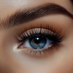 Obraz premium Beautiful female eyes with long eyelashes. Eyelash extensions. Makeup, cosmetics, beauty. Close up, macro