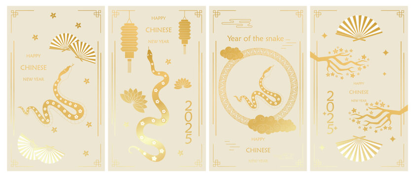 Big Chinese traditional New Year backgrounds with snake flowers pattern, clouds, lanterns, fan, Chinese ornaments and vintage golden oriental Chinese border frames. Vertical vector posters