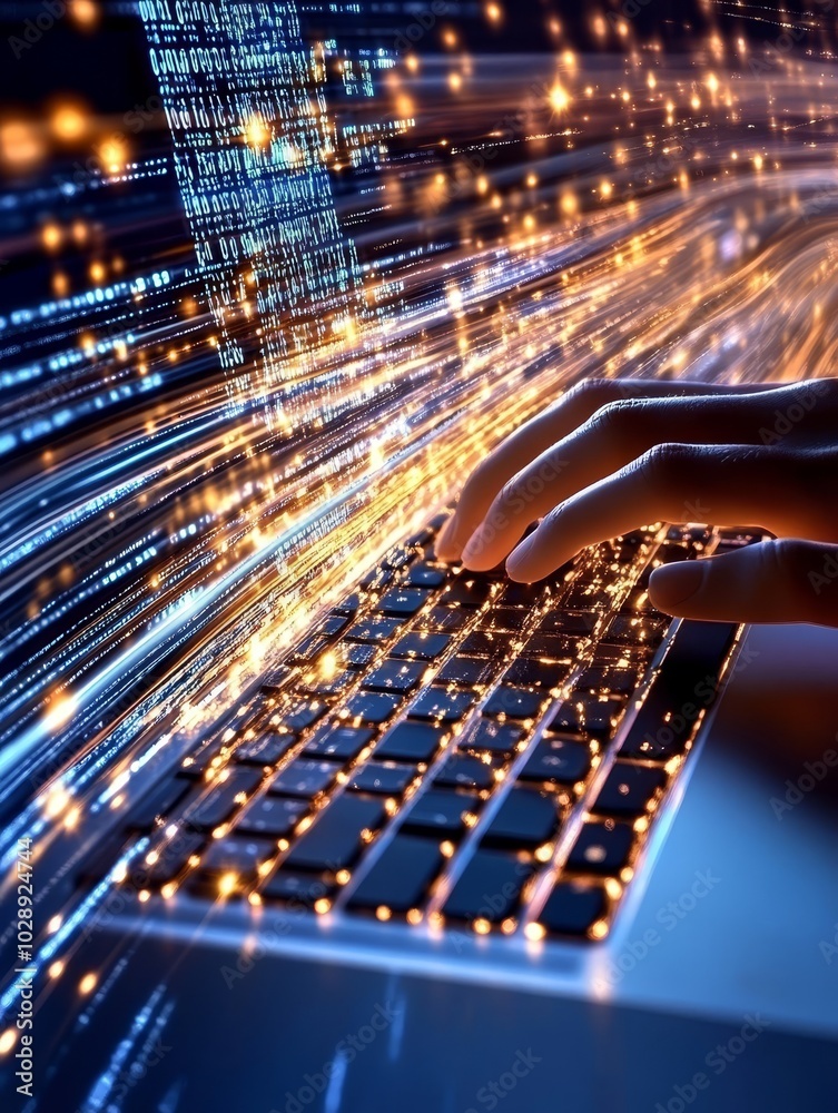 Poster Soft office background, close-up of a hand typing on a keyboard, AI software analyzing IT vendor risks,
