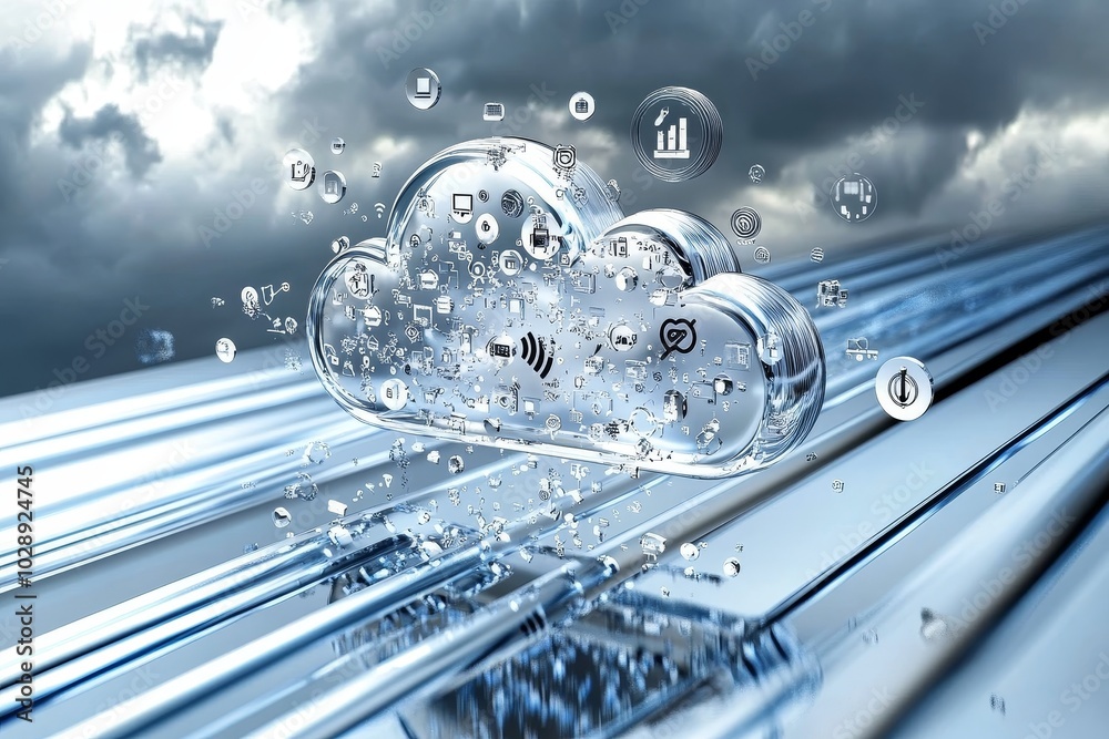 Aufkleber Cloud computing is represented digitally by various icons representing technology and connectivity.