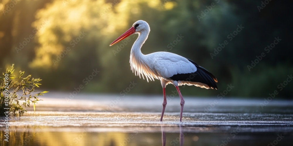 Wall mural A striking stork stands gracefully in calm waters. This image beautifully captures nature and wildlife in a serene setting. Ideal for nature lovers and bird enthusiasts. AI