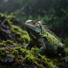Fototapeta premium A green iguana sits on moss-covered rocks in the rain, looking up with a curious expression.