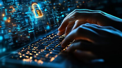 A digital padlock icon, cyber security technology network, and data protection technology on a virtual dashboard. Internet authorized access against cyber attacks.