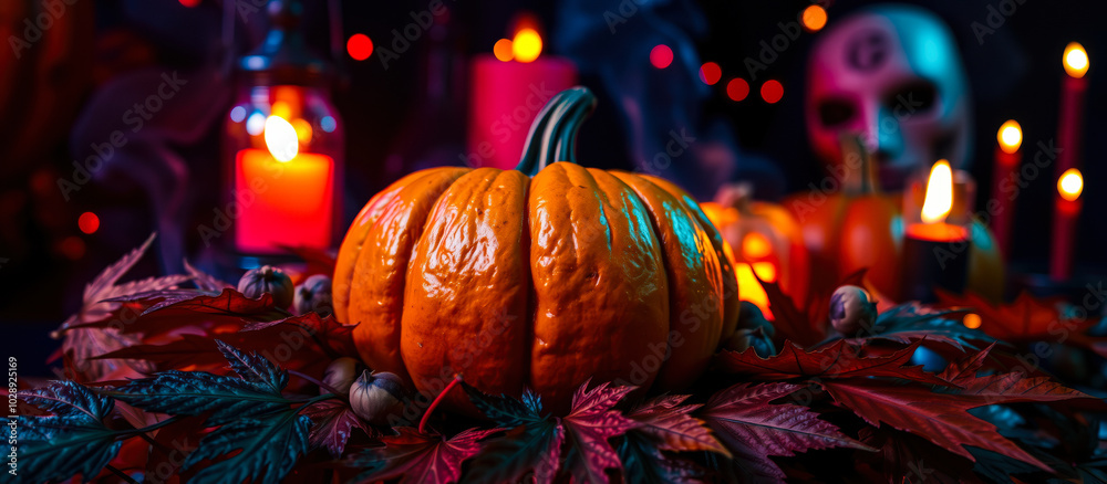 Sticker shiny pumpkin nestled red leaves