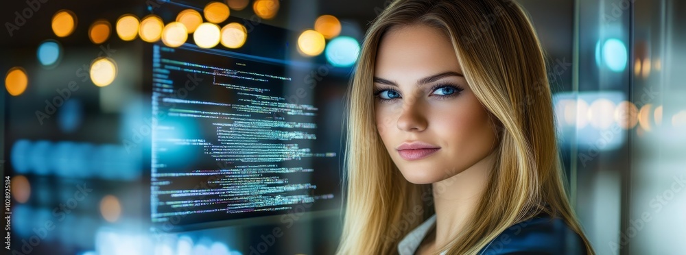 Poster Cyber security concept using stock (AI). Software developer in dark office coding and ethical hacking.