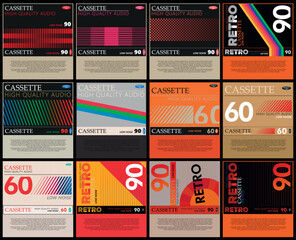 A collection of twelve retro cassette tape label designs featuring various geometric patterns, typographic elements, and classic color palettes from the 80s and 90s, vector