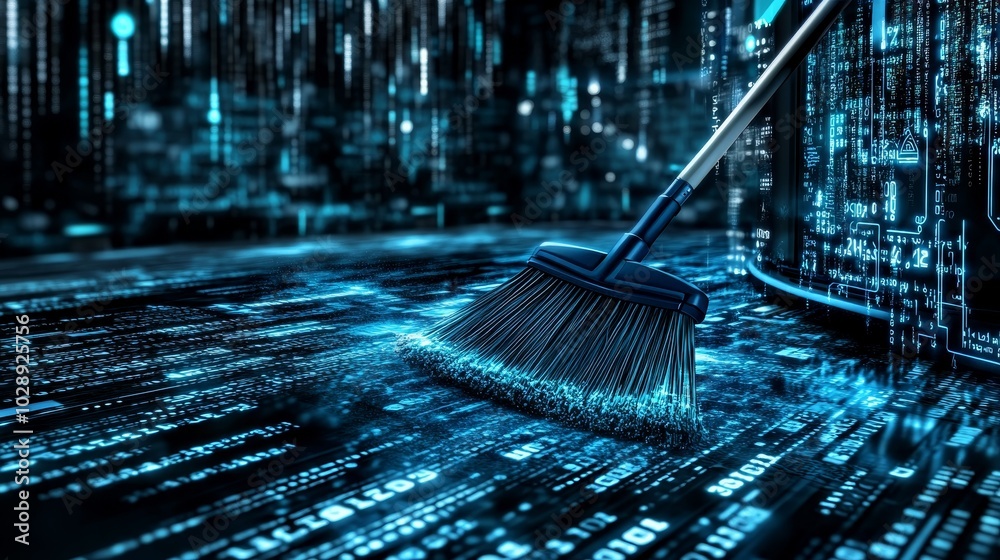 Poster Brooms sweep away glowing blue binary codes, which represent data deletion or clearing.