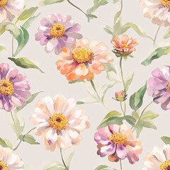 Soft Watercolor Zinnias in Pastel Hues Seamless Pattern