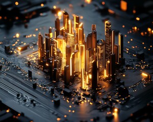 Futuristic city skyline illuminated on a circuit board