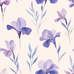 Soft Purple Iris Watercolor on Light Background Seamless Pattern