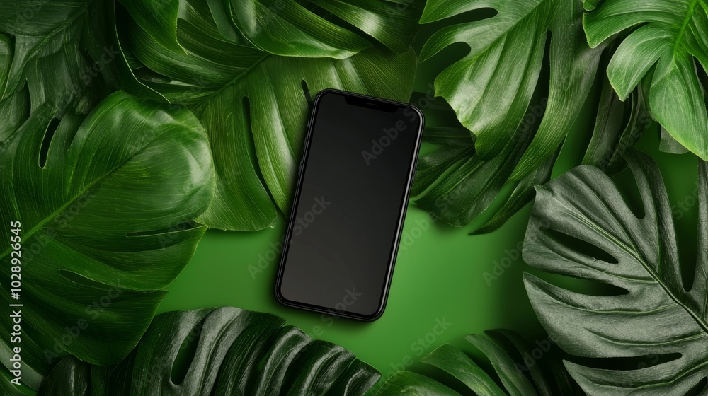 Poster in front of a tropical foliage background, a smartphone sits in the sunlight. its screen is cast in 