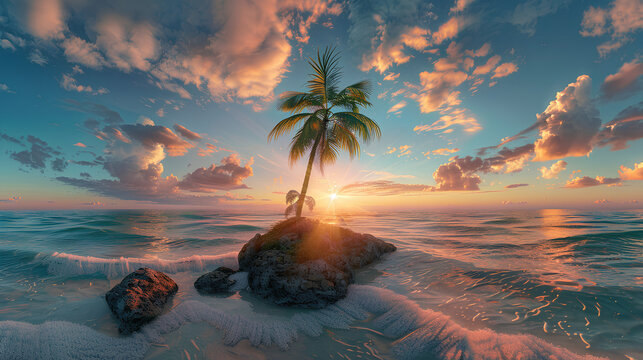A solitary palm tree stands on a rocky outcropping, bathed in the golden light of a sunset over the turquoise ocean.