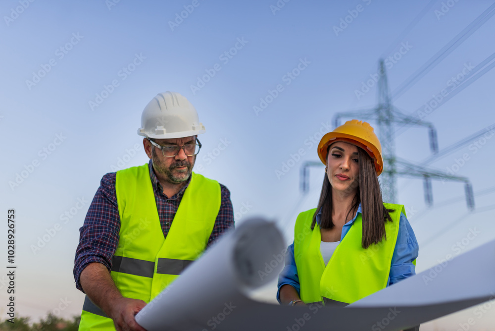 Wall mural engineers analyzing blueprints on electricity pylon construction site