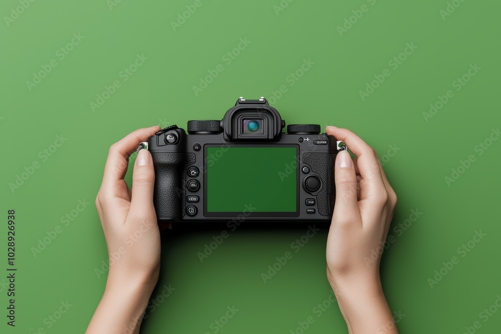 Poster the hands of a woman holding a digital camera with an empty screen, isolated on a green background