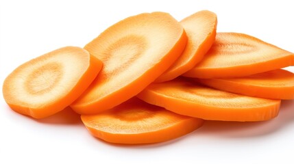 Close-up of multiple carrot slices arranged in a pile on a white background, showcasing their bright orange color and fresh appearance.