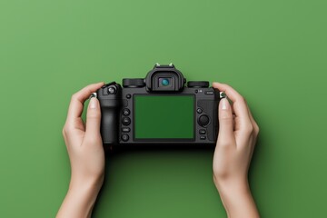 The hands of a woman holding a digital camera with an empty screen, isolated on a green background
