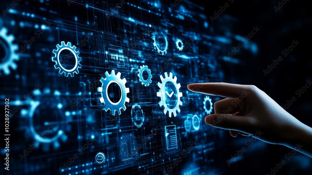 Aufkleber business and industrial process automation, software development concept on a virtual screen.