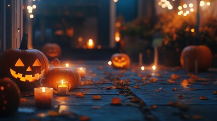 Obraz premium An empty scene featuring scattered jack-o'-lanterns and flickering candlelight, creating an ideal product mockup space, with ample copy space for text,