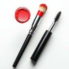 Obraz premium bright lipstick and makeup brush on white background