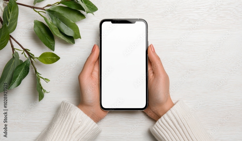 Poster the hand of a visitor holding a blank smartphone screen over a restaurant table is ordering food onl