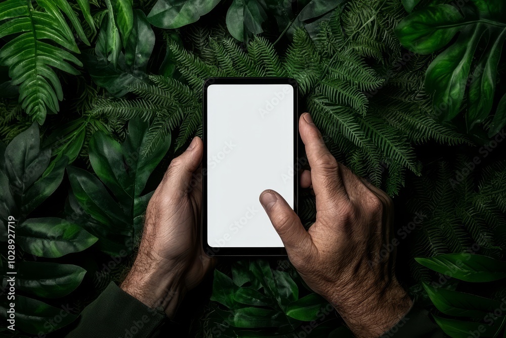 Poster the image shows a woman's hand holding a phone in hand surrounded by a blurry garden. i have created