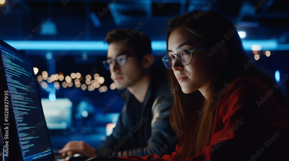 Aufkleber A smart female information technology (IT) professional is working on a desktop computer in the control room of a data center. A group of young professionals is doing code programming on the
