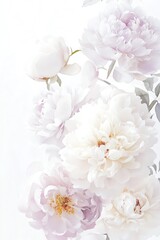 Delicate peonies bloom softly, showcasing shades of white and pale pink, ideal for spring themes and elegant decor.