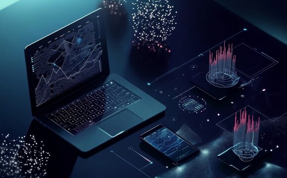 Training in programming and software development. Holographic program code floating on a laptop screen. The software coding process. Platform programming and testing.