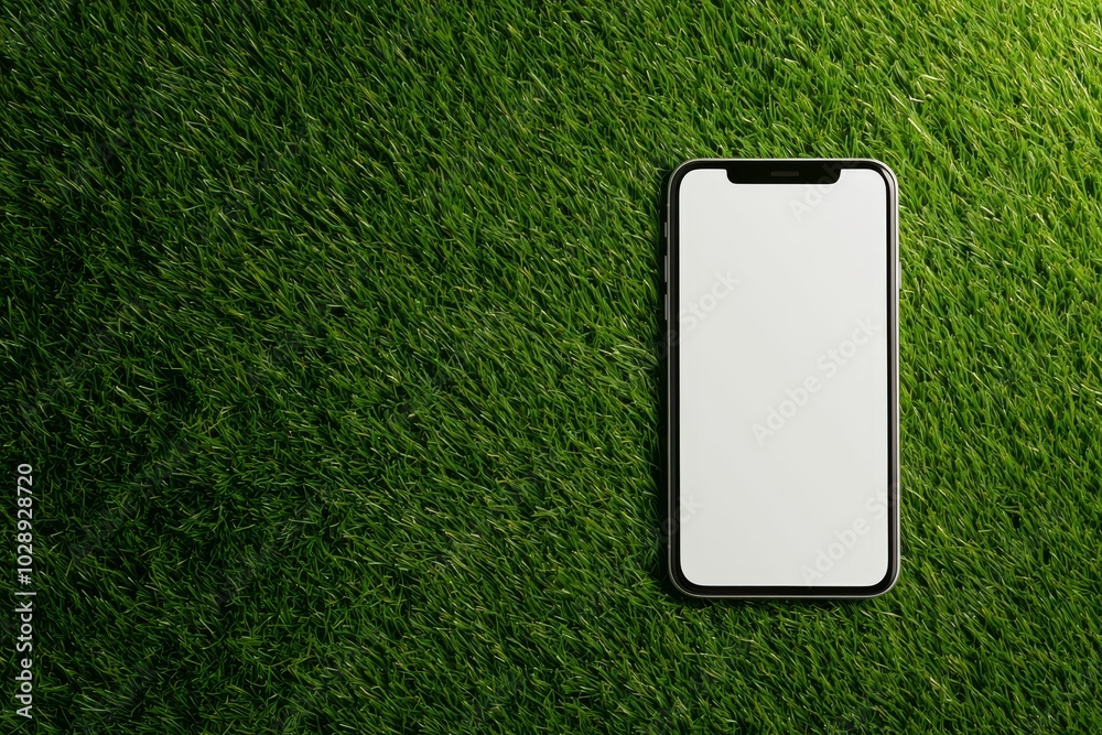 Poster top view of modern smartphone isolated on green grass with white mockup on screen.
